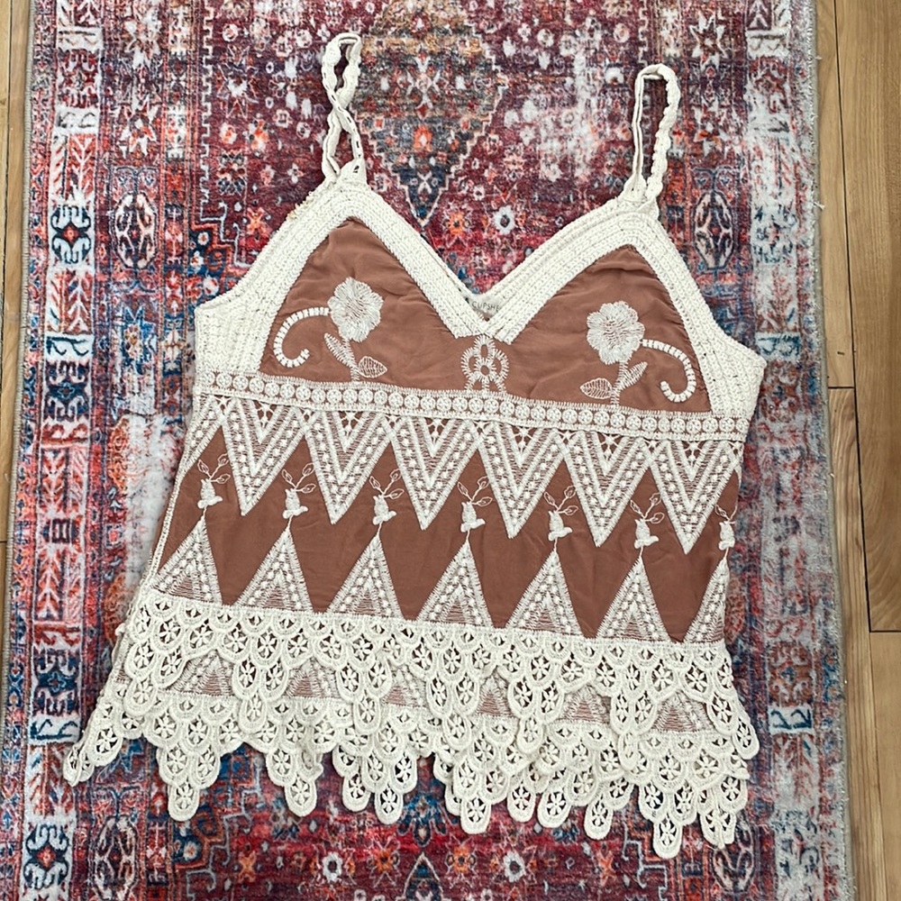 Boho Crocheted Silky Cotton Embroidered Tank Top Crop Top EUC